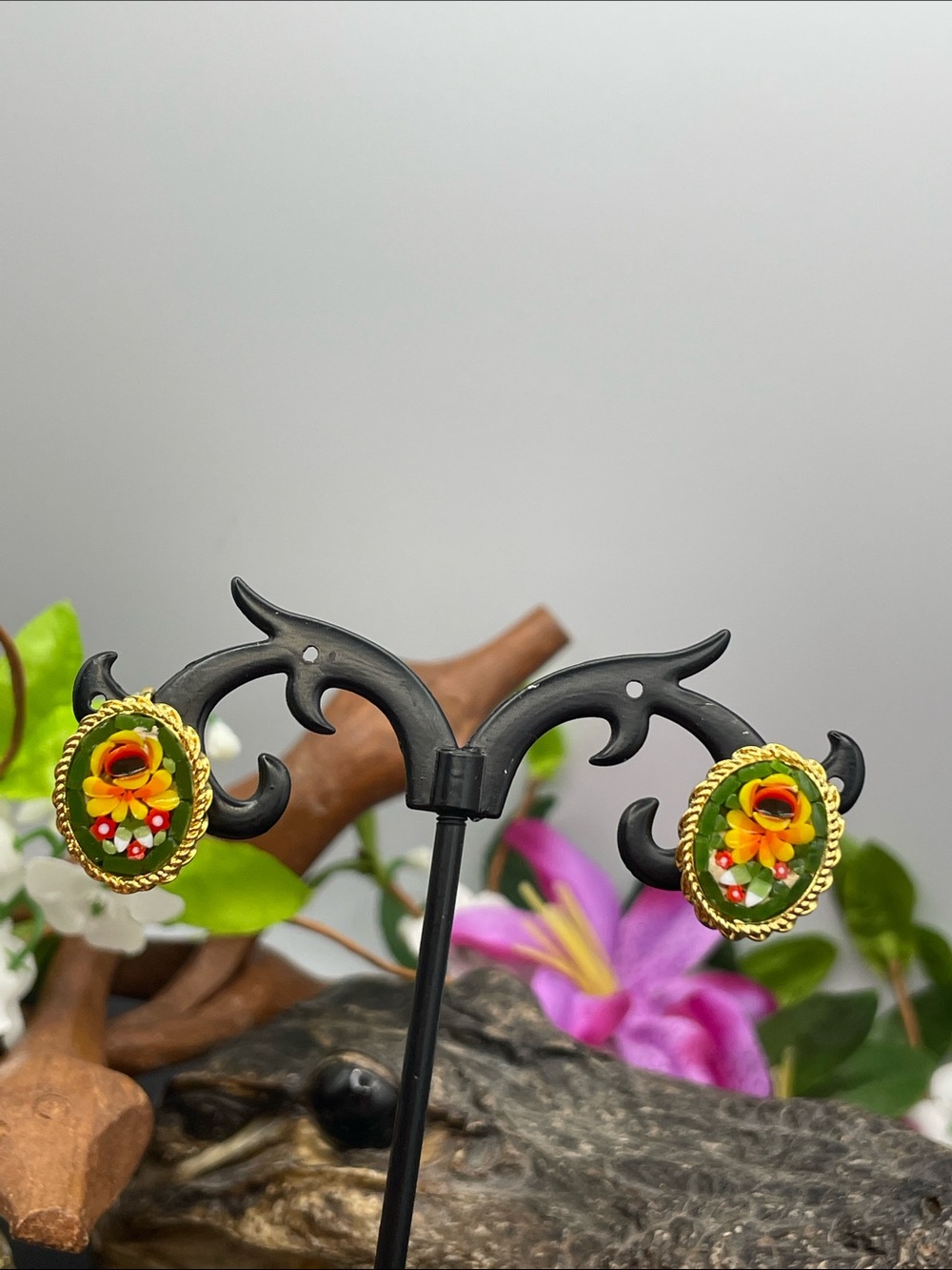 Mosaic floral clip earrings vintage